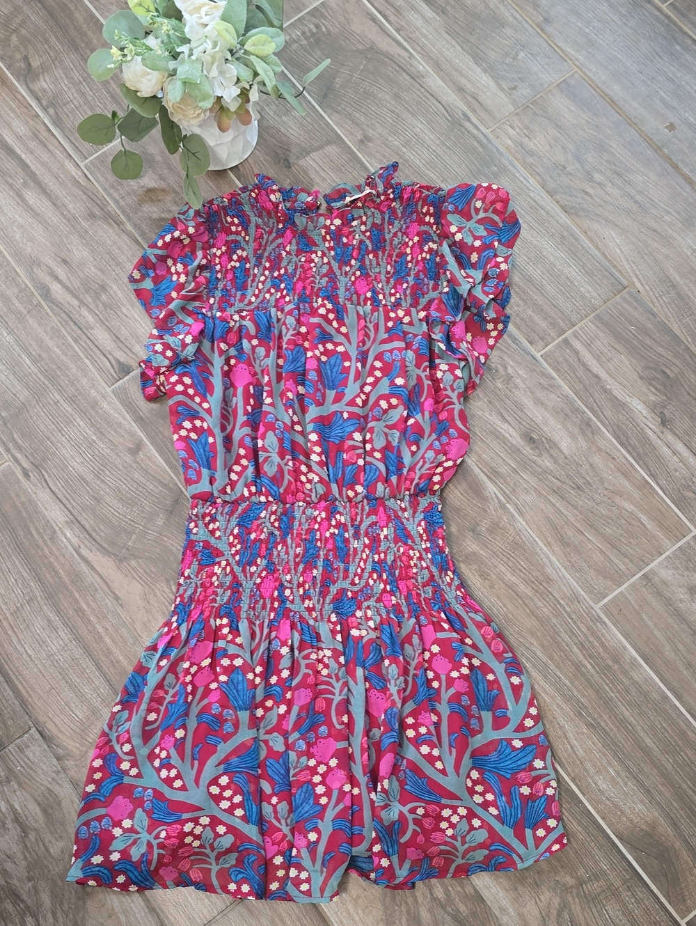 entro Red & Blue Floral Smocked Mini Dress